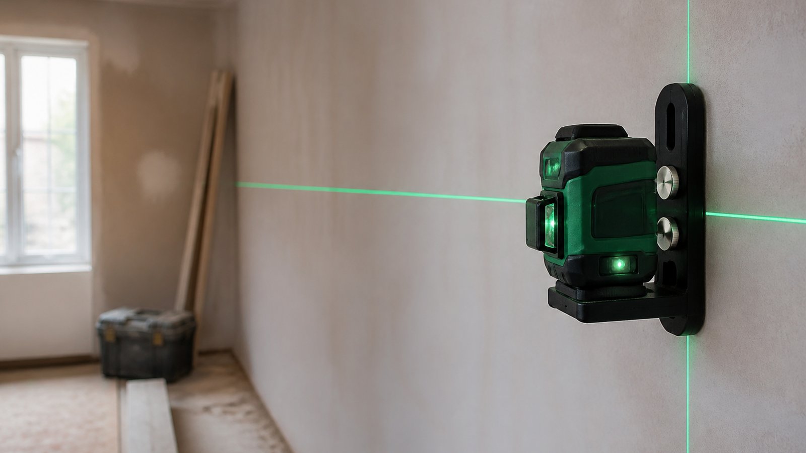 Compact green cross-line laser projecting lines on a UK wall