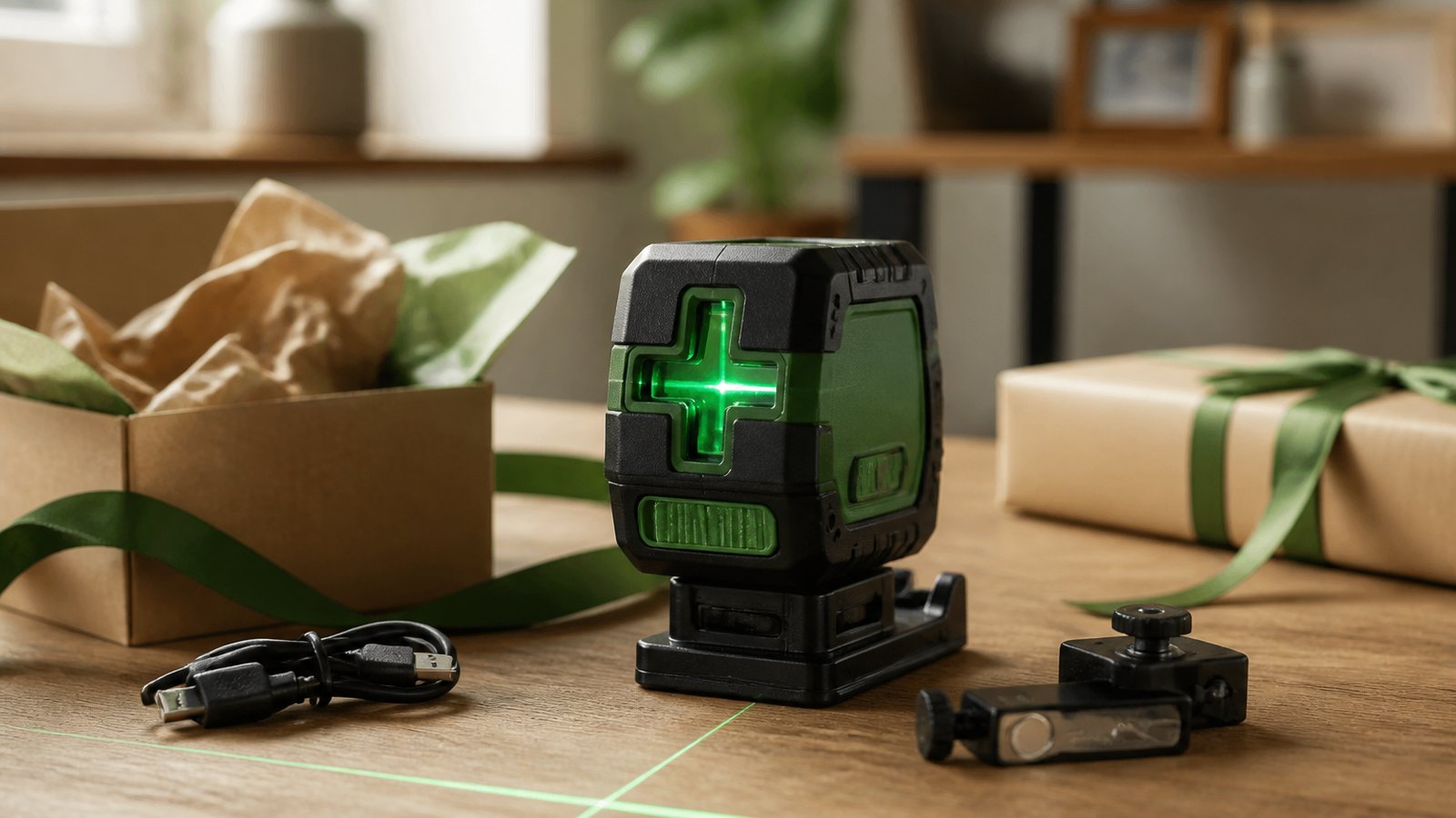 Gift-ready compact green cross-line laser on a wooden table
